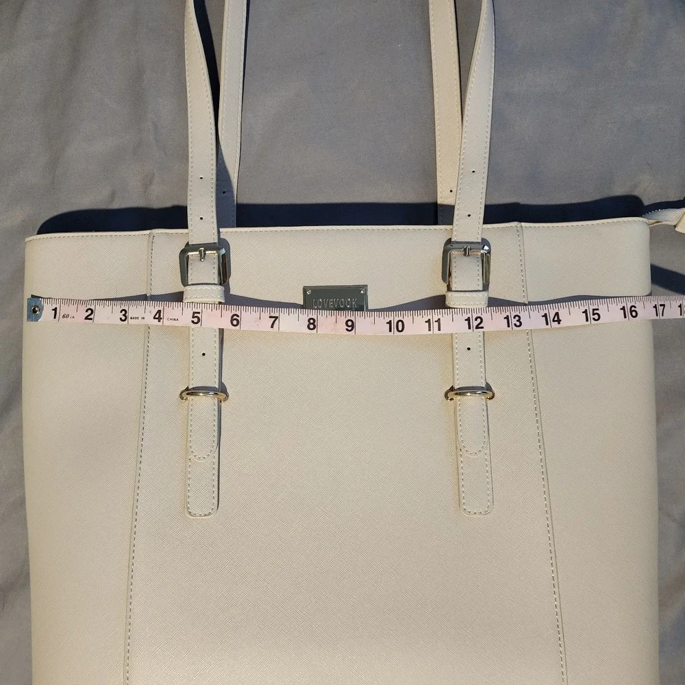 LOVEVOOK Pink-Beige Laptop Tote Bag Vegan Leather Work Bag Gold Hardware Large